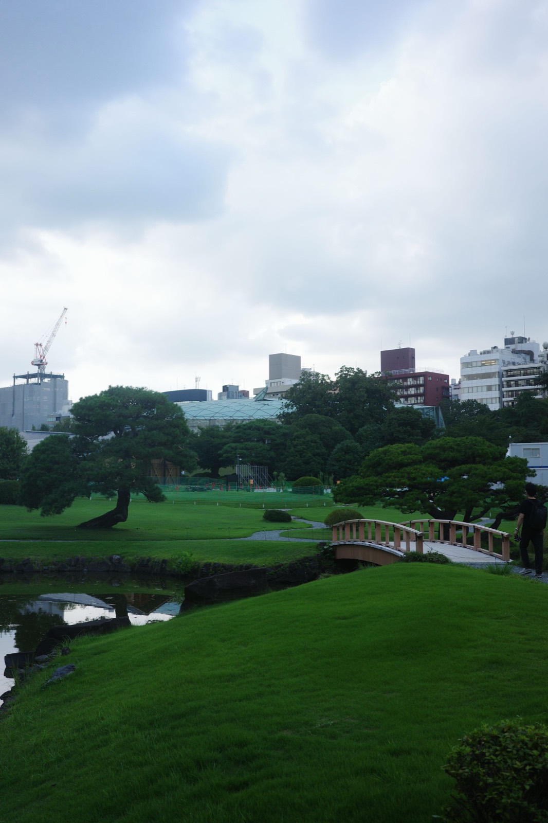 Wooden footbridge over a pond in Shinjuku Gyoen, sculpted pines and lawns with the city skyline behind.